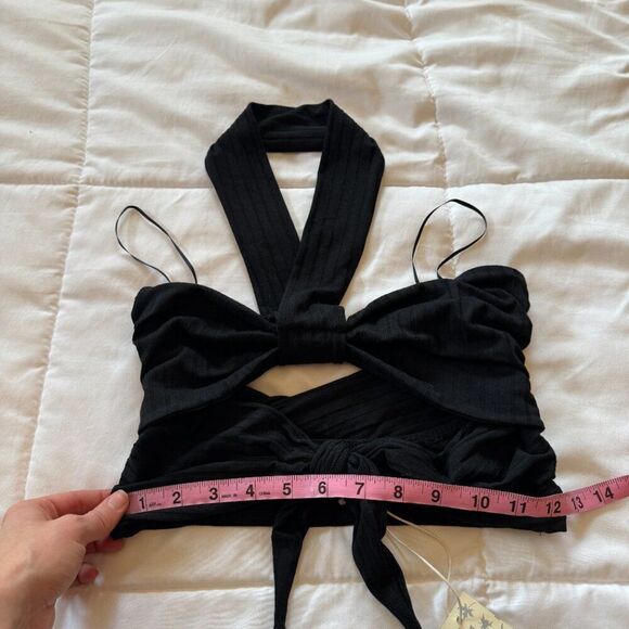 NWT Anthropologie Black Rib Knit Halter Crop Top - Picture 8 of 11
